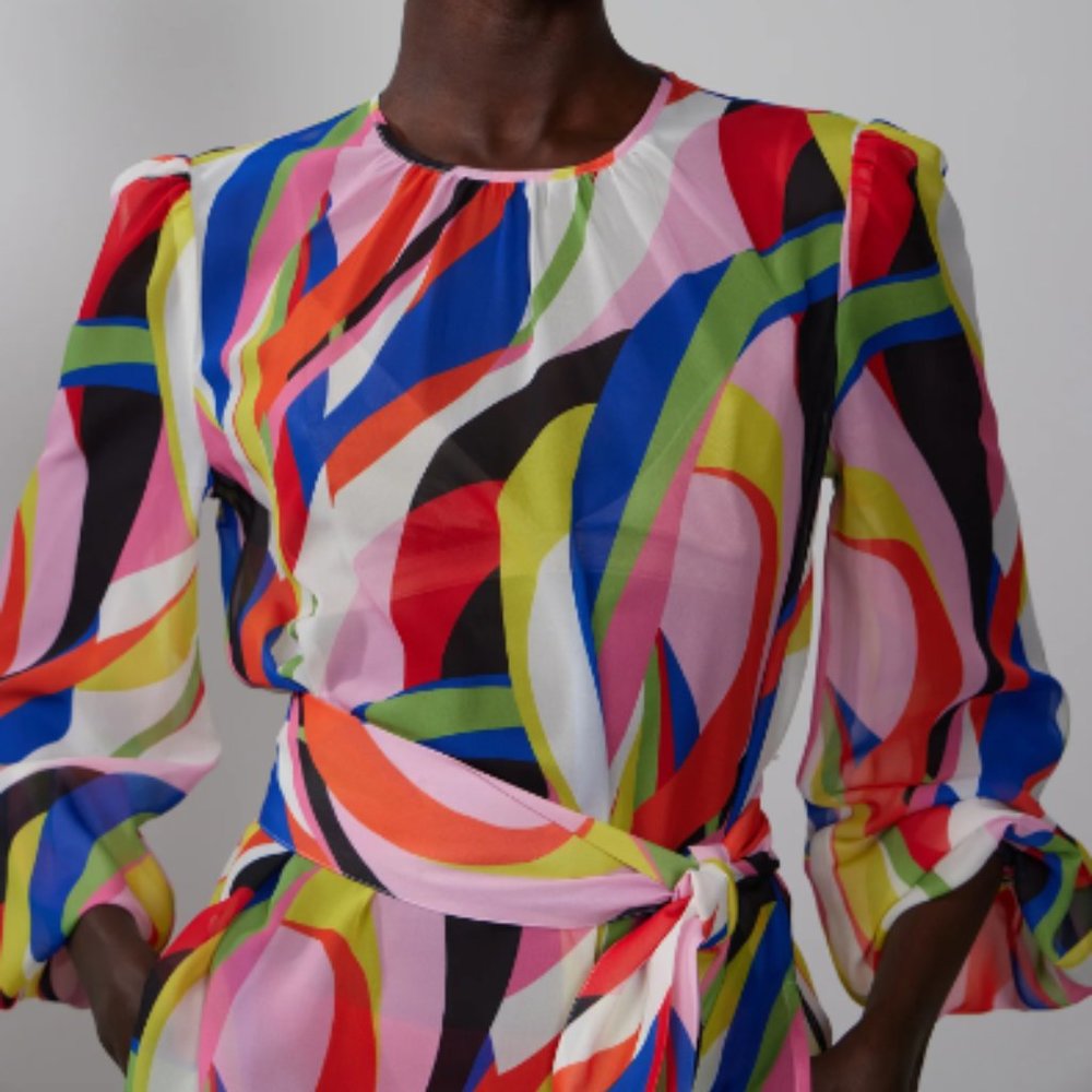 NWT! Abstract Crew Neck Tie Waist Blouse - XL
